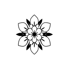 Fototapeta premium A symmetrical black and white flower illustration, featuring layered petals and leaves against a clean white background.