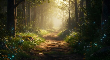 Fototapeta premium Enchanted Forest Path with Sunbeams and Lush Greenery