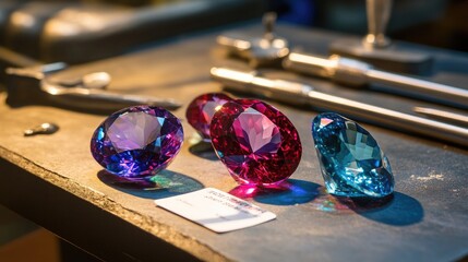 A gemstone appraisal scene with a high-end certification card and premium inspection tools.