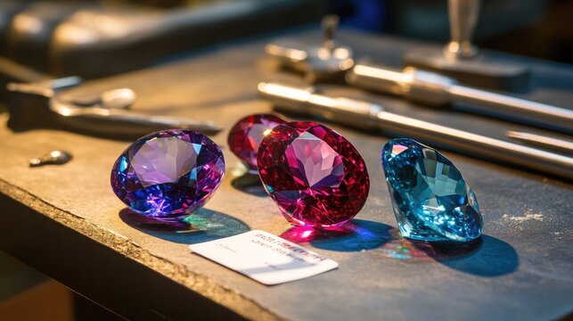 A gemstone appraisal scene with a high-end certification card and premium inspection tools.