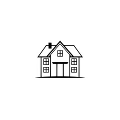 Minimalist black and white line drawing of a two-story house with a gable roof, windows, a porch, and a chimney set against a stark white background.