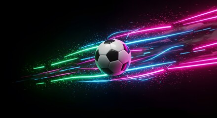 Soccer Ball with Neon Lights Trail on Black Background
