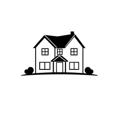 Minimalist Black and White Vector Illustration of a Two-Story House with Landscaping, Roof, Windows, and Chimney on a White Background.