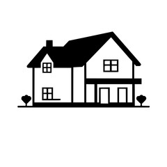 Minimalist Black and White House Illustration with Trees and Windows, Representing Home and Real Estate.