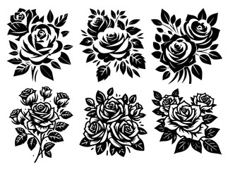 blooming rose flower bouquet set silhouette vector black shape