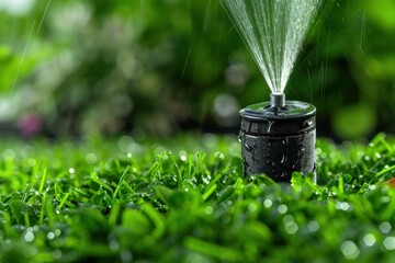 Water sprayer spraying water on green grass in garden, blurred background under natural sunlight.