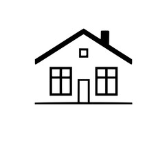 Minimalist Black and White Illustration of a House with Simple Roof, Windows, Door, and Chimney.