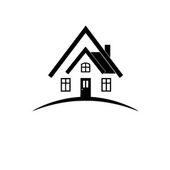 Simple, black and white minimalist illustration of a house atop a stylized hill, conveying themes of home, property, and security.