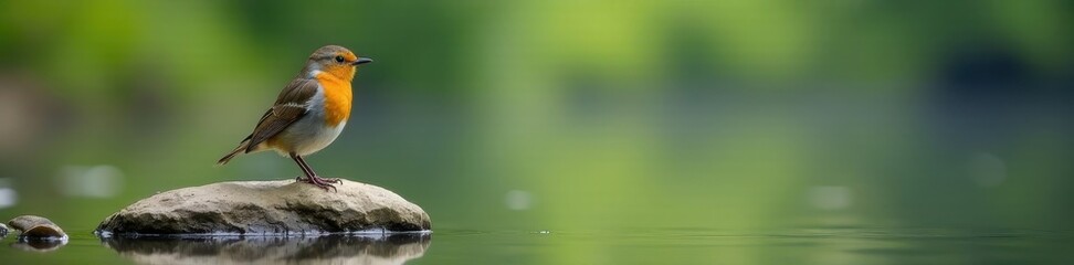 Obraz premium Vibrant robin perched on lake rock, tranquil scene, habitat, quiet