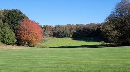 Fototapeta premium A picturesque landscape showcases a beautiful green open field and trees