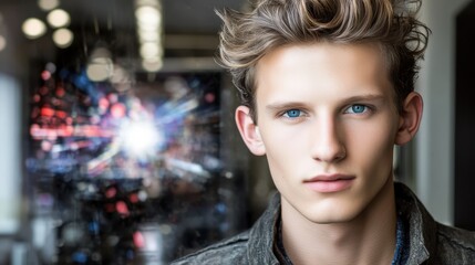 Fototapeta premium Young Man with Blue Eyes and Stylish Hair, Abstract Background