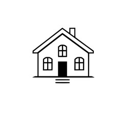 Vector Illustration of a Simple House Icon, Featuring Gable Roof, Windows, Chimney, and Front Door, Isolated on White.