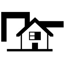 Minimalist Black & White Geometric House Icon with Rectangular Elements, Depicting Architecture & Real Estate Concepts.