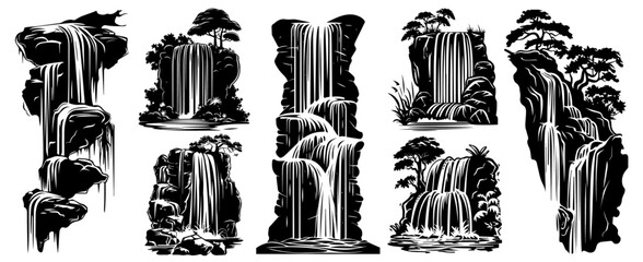 collection of waterfall illustrations with forest cliffs and flowing water vector
