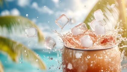 A refreshing beverage splashes as ice cubes cascade into a can, capturing the essence of summer by the beach. The scene is vibrant and full of life, perfect for summer promotions.