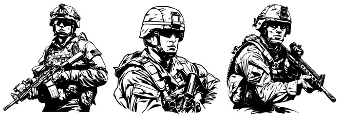 soldier portrait illustration set with tactical gear and weapons vector