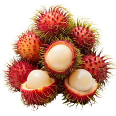 Fresh rambutan fruit with spiky red skin and white flesh
