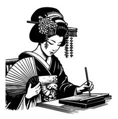 traditional japanese geisha writing with brush and holding fan vector