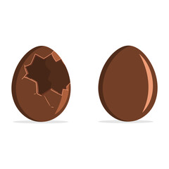 Set of Two Chocolate Easter eggs on white background. Isolated the whole and broken eggs. Vector Illustration