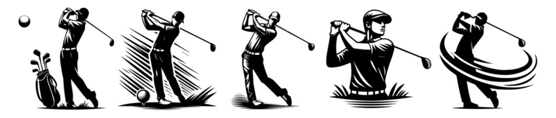 golf swing illustration set with energetic poses and motion elements vector