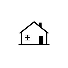 Minimalist Icon of a House in Black and White, Depicting a Simple Home with Door, Window, and Chimney on a Clean White Background.