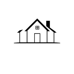 Minimalist Black and White Illustration of a Simple House with a Chimney, Window, and Door on a Clean White Background.