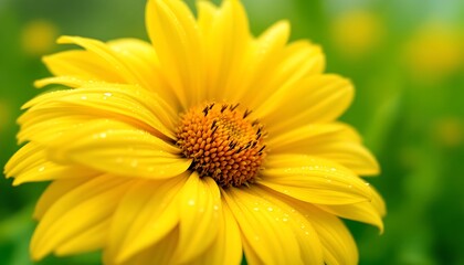 Obraz premium Vibrant Yellow Flower Dew Drops Macro Photography