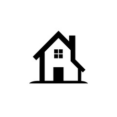 Minimalist Black and White House Icon: Simple Design of a Home with Chimney and Four-Pane Window, Isolated on White.