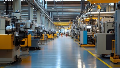 Fototapeta premium A spacious manufacturing facility filled with modern machinery, showcasing a clean and organized layout. Ideal for representing industrial efficiency and productivity.