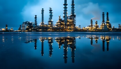 Fototapeta premium A stunning industrial landscape featuring tall refineries reflected in calm water at dusk. The beauty of machinery juxtaposed with nature creates a striking visual contrast.