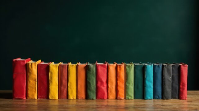 colorful row of books lined up against dark green background. education and knowledge concept. learning, studying. school, library, educational poster. national read across america day - Powered by Adobe