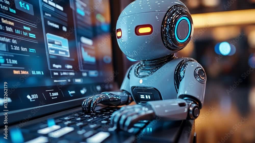 Poster a robotic assistant engages with data analytics on a computer during a tech event at night
