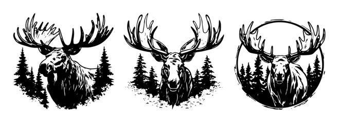 majestic moose with antlers in forest vector black shape silhouette
