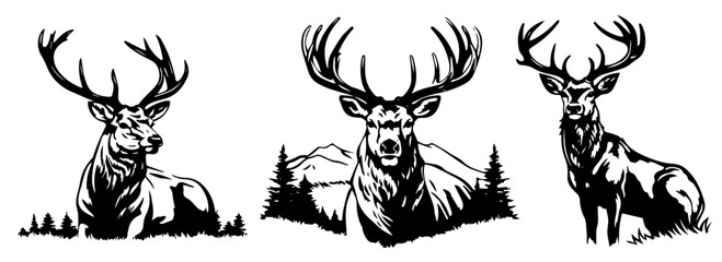 majestic deer with antlers in forest vector black shape silhouette © Aisha Kudorova