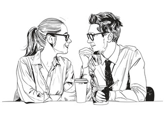Romantic Coffee Date - Black and White Sketch Illustration