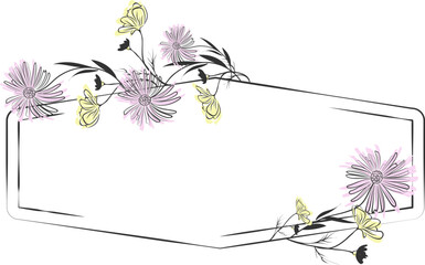 Stylish Floral Border with Purple and Yellow Blossoms. Hand-Drawn Asymmetrical Decorative flower Frame for Invitations, Greeting Cards, Branding, and Elegant Design Projects.