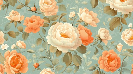 Elegant floral pattern with soft pastel roses and peonies, intricate swirling vines, and delicate petals, seamless design for textiles and wallpapers