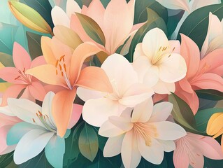 Sophisticated floral motif featuring blooming hydrangeas and lilies in muted pastel hues, with artistic brushstroke details and gentle shading