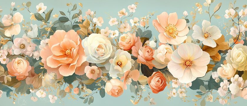 Luxurious floral pattern with vintage-inspired blossoms, softly faded pastels, and ornate golden filigree details, perfect for elegant backgrounds