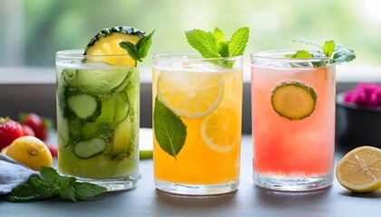 A vibrant assortment of refreshing flavored drinks featuring mint, cucumber, lemon, and fruity flavors, perfect for summer gatherings or relaxing moments.