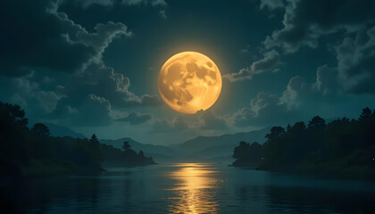 Serene Nighttime Landscape with a Full Moon Reflecting Over a Calm Lake and a Dark, Peaceful Forest