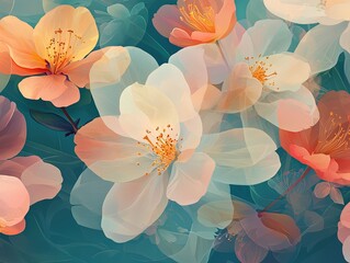 Artistic floral composition with pastel cherry blossoms and wildflowers, swirling organic lines, and a soft dreamy atmosphere, ideal for textile designs