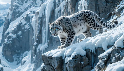 Snow Leopard Standing on a Rock in a Snowy Mountain Landscape, Showcasing Its Majestic Beauty and Adaptation to Harsh Environments