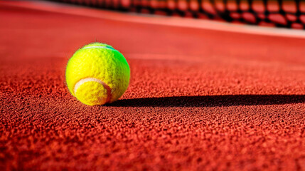 A tennis ball on a red court, focus on the ball