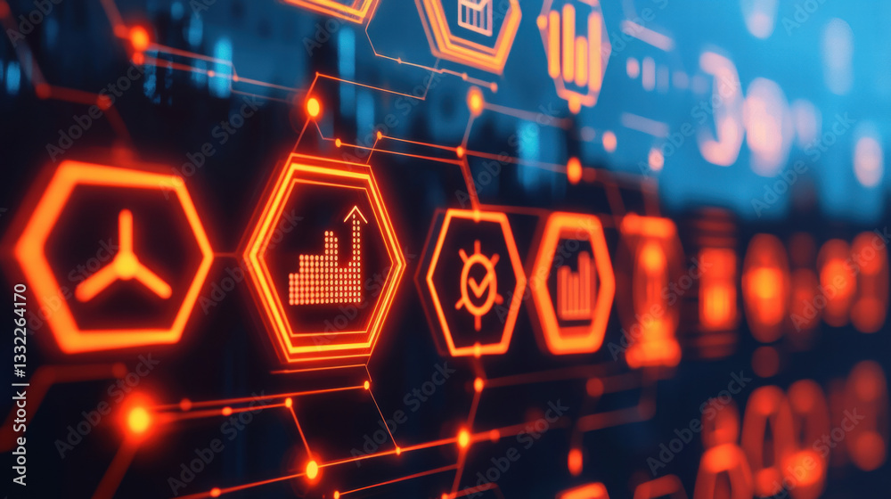 Poster digital interface with glowing hexagons and data visualizations