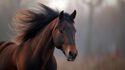 Obraz premium Dark Brown Horse Running in Misty Field