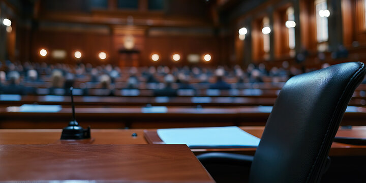 Empty Chair in Assembly Hall with Microphone and Documents