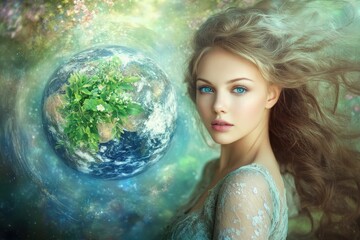 Naklejka premium Woman with flowing hair and Earth with plants in a mystical background