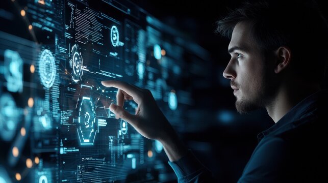 Young Man Interacting with Futuristic Digital Interface in Dark Room