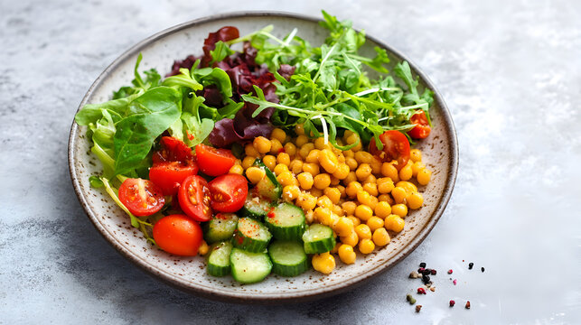 un plato de comida saludable con ensalada verde tomates pepinos y garbanzos o leguminosas dieta balanceada alimentacion sana